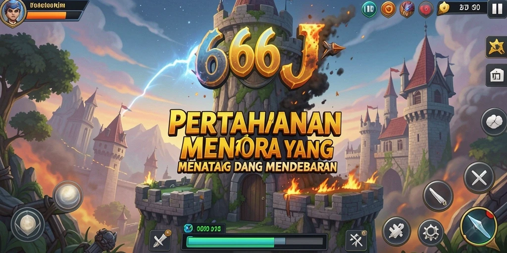 Screenshot gameplay <strong>666J</strong> menunjukkan aksi menara mempertahankan dari serangan musuh.