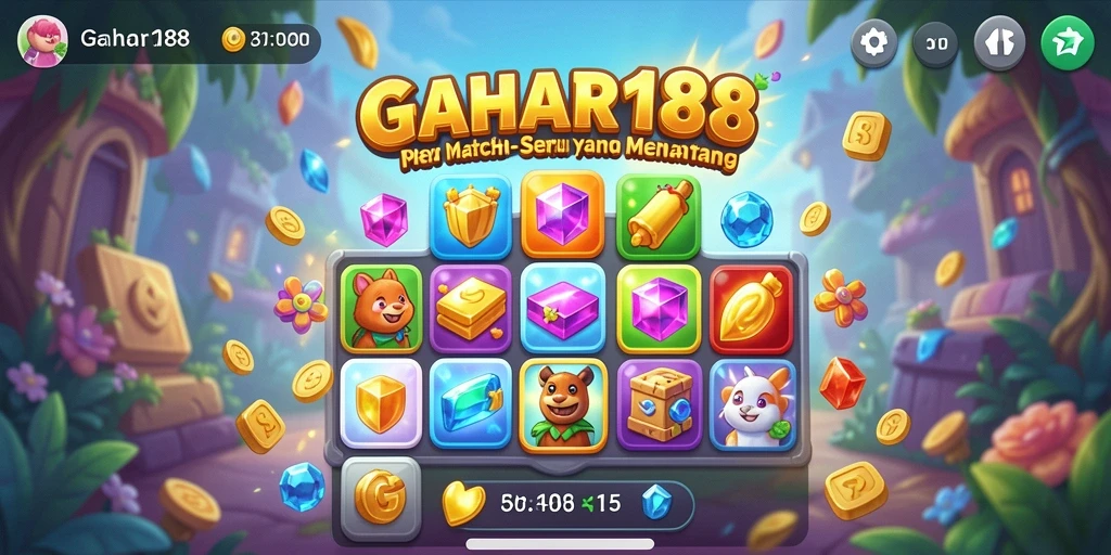 Tampilan menarik gameplay Match-3 GAHAR188 dengan warna-warna cerah.