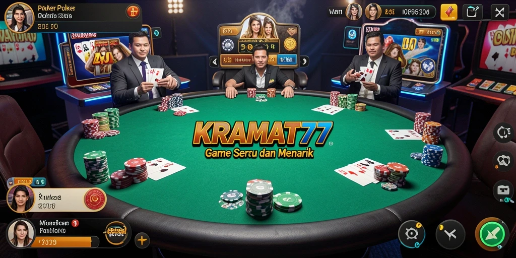 Screenshot gameplay KRAMAT77 menunjukkan pemain poker yang sedang berkompetisi.