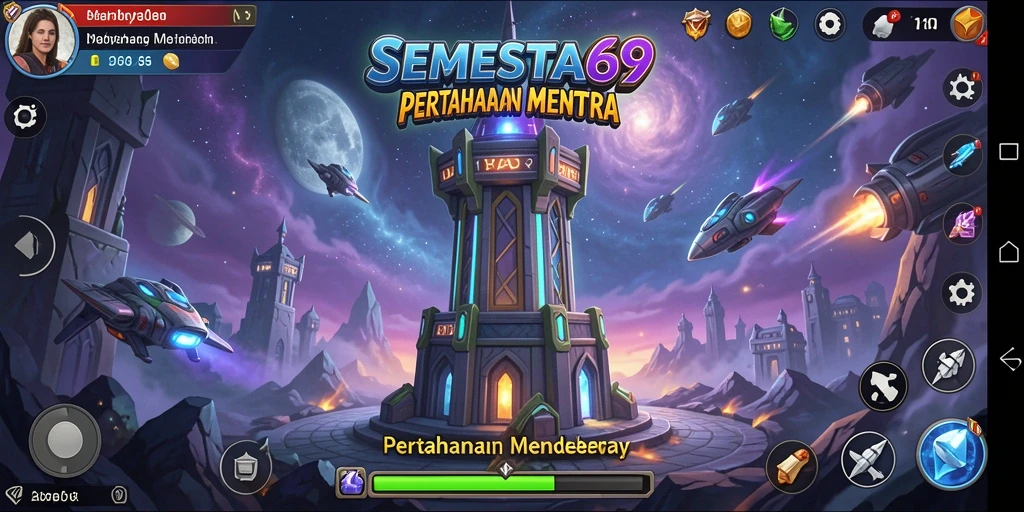 Screenshot dari gameplay SEMESTA69 menunjukkan pertempuran menara mempertahankan dunia.