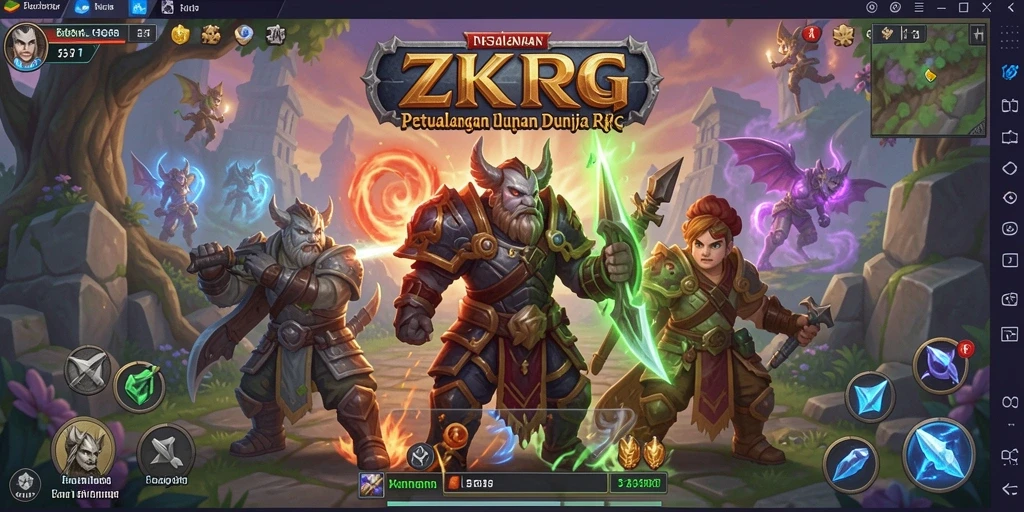 Screenshot utama ZK9 menampilkan pertarungan epik di dunia fantasi.